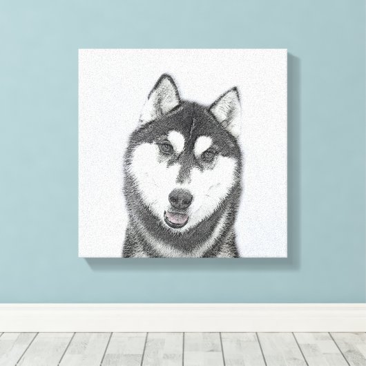 Siberische Husky (zwart en wit) schilderende hond  Canvas Afdruk (Insitu (Houten vloer))