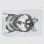 Siberische Husky (zwart en wit) schilderende hond Golfhanddoek (Horizontaal)