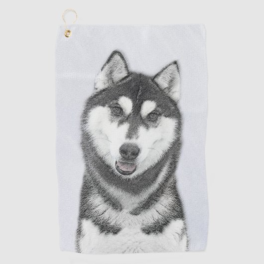 Siberische Husky (zwart en wit) schilderende hond Golfhanddoek (Voorkant)