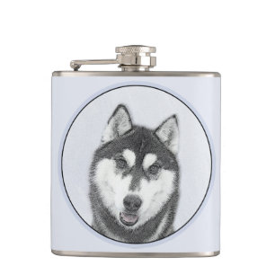 Siberische Husky (zwart en wit) schilderende hond  Heupfles