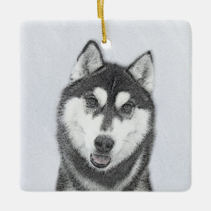 Siberische Husky (zwart en wit) schilderende hond Keramisch Ornament