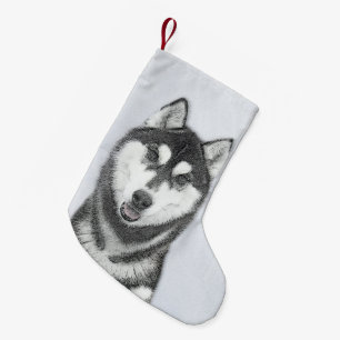 Siberische Husky (zwart en wit) schilderende hond Kleine Kerstsok