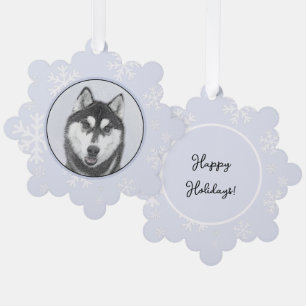 Siberische Husky (zwart en wit) schilderende hond  Ornament Kaart