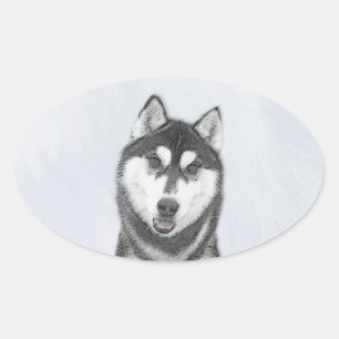 Siberische Husky (zwart en wit) schilderende hond Ovale Sticker