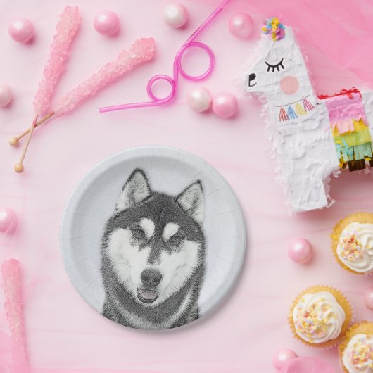 Siberische Husky (zwart en wit) schilderende hond Papieren Bordje (Feest)