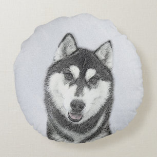 Siberische Husky (zwart en wit) schilderende hond Rond Kussen