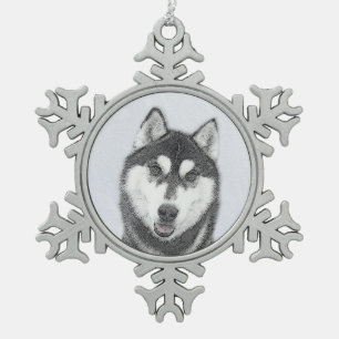 Siberische Husky (zwart en wit) schilderende hond  Tin Sneeuwvlok Ornament
