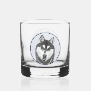 Siberische Husky (zwart en wit) schilderende hond  Whisky Glas