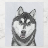Siberische Husky (zwart en wit) schilderende hond  Wijn Etiket (Enkel label)