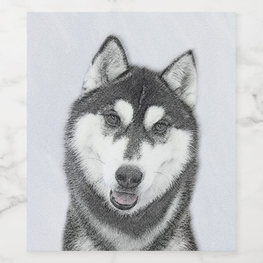 Siberische Husky (zwart en wit) schilderende hond  Wijn Etiket (Enkel label)