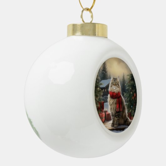 Siberische Kat in Sneeuw Kerstmis Keramische Bal Ornament (Links)