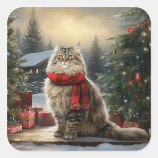 Siberische Kat in Sneeuw Kerstmis Vierkante Sticker (Voorkant)