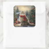 Siberische Kat in Sneeuw Kerstmis Vierkante Sticker (Tas)