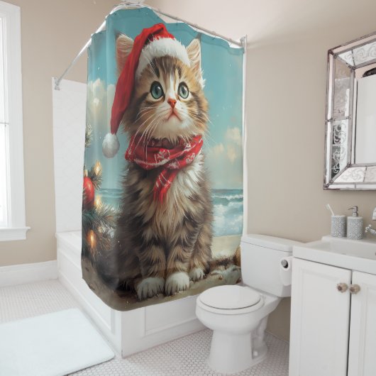 Siberische Kat Kerst Strand Douchegordijn (In situ)