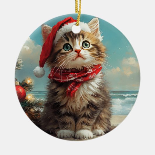 Siberische Kat Kerst  Strand Keramisch Ornament (Voorkant)