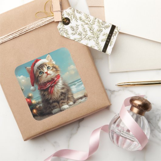 Siberische Kat Kerst Strand Vierkante Sticker (Geschenken)