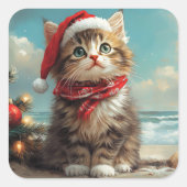 Siberische Kat Kerst Strand Vierkante Sticker (Voorkant)
