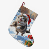 Siberische kat loopt in de sneeuw met kerst Pet Grote Kerstsok (Voorkant (Hangend))