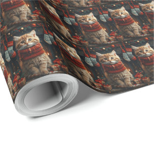 Siberische kat met kerstcadeaus open haard cadeaupapier