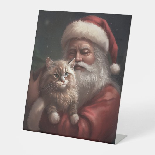 Siberische Kat Met Sinterklaas Feestelijke Kerstmi Reclamebord Met Voetstuk (Voorkant)