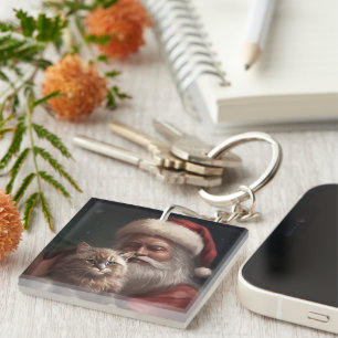 Siberische kat met Sinterklaas Festive Kerstmis Sleutelhanger