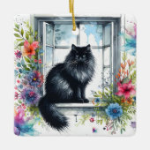 Siberische kat op raam met Waterverf spatten Keramisch Ornament (Voorkant)