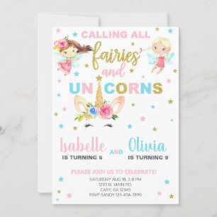 Siblings fairies en unicorn-jarig nodigen uit. kaart