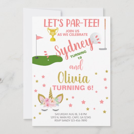 Siblings golfing en unicorn-verjaardagsuitnodiging kaart (Voorkant)