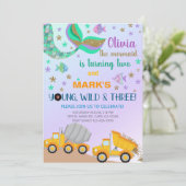 Siblings mermaid en dumptruck-verjaardagsuitnodigi kaart (Staand voorkant)