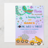 Siblings mermaid en dumptruck-verjaardagsuitnodigi kaart (Voorkant / Achterkant)