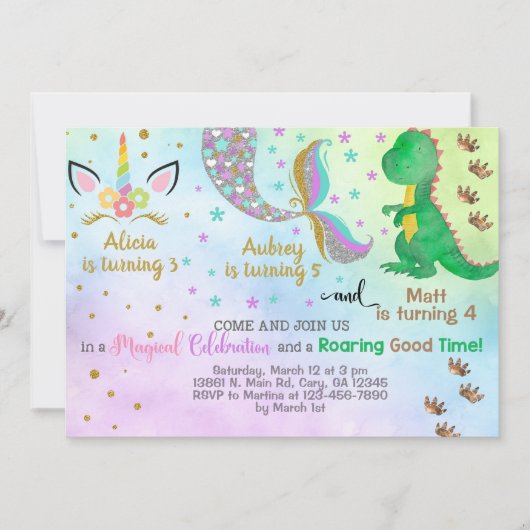 Siblings unicorn, mermaid & dinosaur-uitnodiging. kaart (Voorkant)