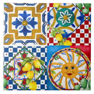 Siciliaans, majolica, zon, tegels, citroenen tegeltje