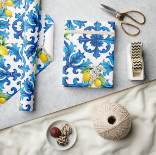 Siciliaans, zomer, citroen, mozaïek, blauw cadeaupapier