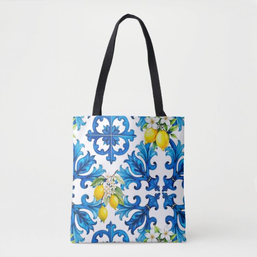 Siciliaans, zomer, citroen, mozaïek, blauw draagtas (Voorkant)