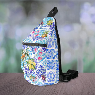 Siciliaanse blauwe gele Azulejo citrus bloemtegel Sling Bag