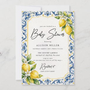 Siciliaanse Blauwe Tegels Gele Citroen Baby Shower Kaart