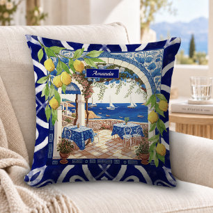 Siciliaanse mediterrane majolica citrus blauwe teg kussen