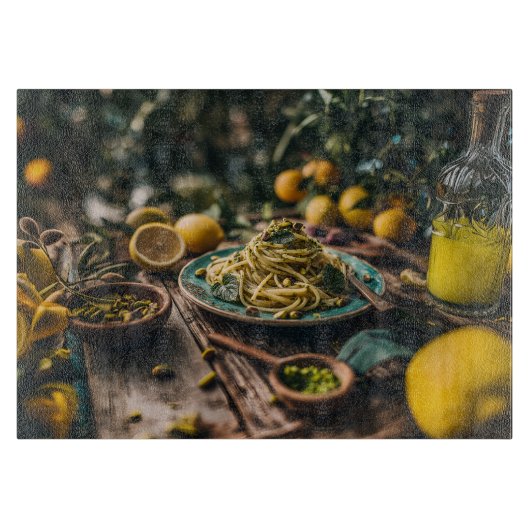 Siciliaanse Pistachio Pesto Spaghetti in de boomga Snijplank (Voorkant)