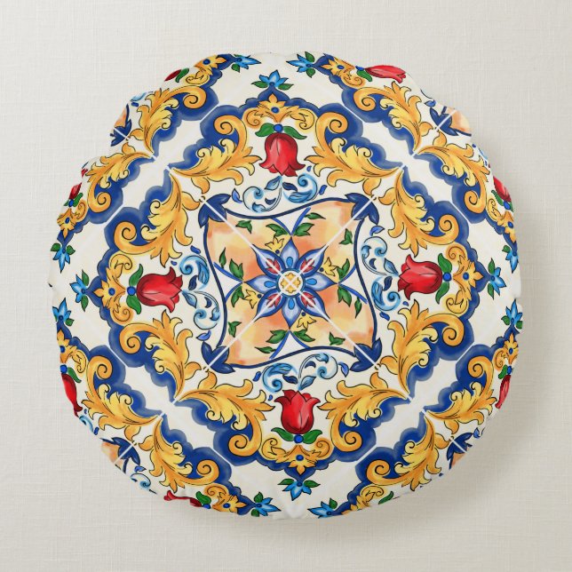 Sicilian Majolica Colorful Tile Pattern Rond Kussen (Voorkant)