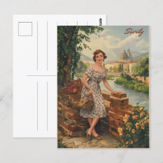 Sicilië  italiaanse dame in het land 50s briefkaart