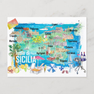 Sicilië Italië geïllustreerde reisplattegrond  Briefkaart