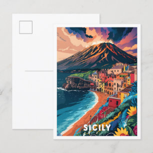 Sicilië Italië Kunst Vintage Reizen Illustratie Briefkaart