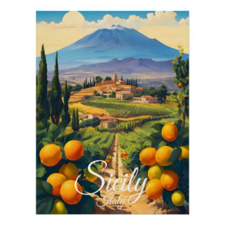 Sicilië Italië Sinaasappelboomgaard Platteland Rei Perfect Poster