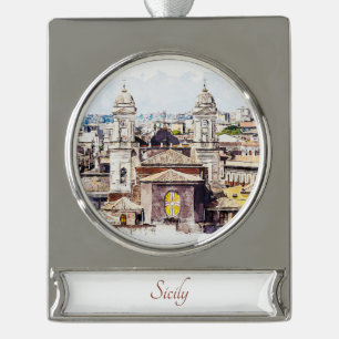 Sicilië Waterverf Schilderij Landschap Ornament Verzilverd Banner Ornament