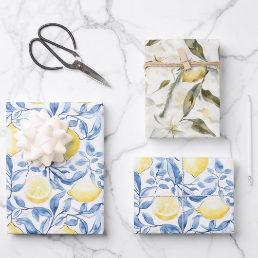 Sicily Italian Rustic Blue Leaves Lemons  Inpakpapier Vel (Voorkant)