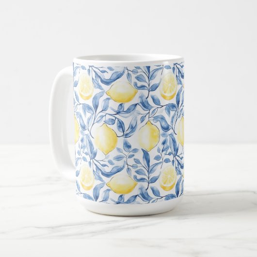 Sicily Italian Rustic Blue Leaves Lemons  Koffiemok (Voorkant links)