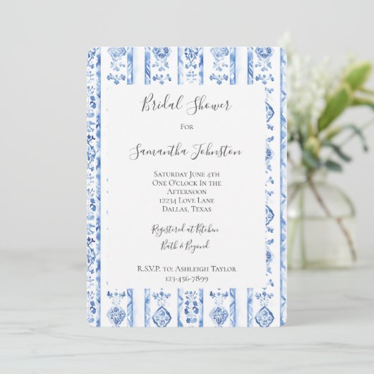 Sicily Italian Rustic Blue Stripes Bridal Shower Kaart (Staand voorkant)