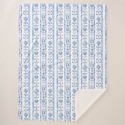 Sicily Italian Rustic Blue Stripes Sherpa Deken (Voorkant)