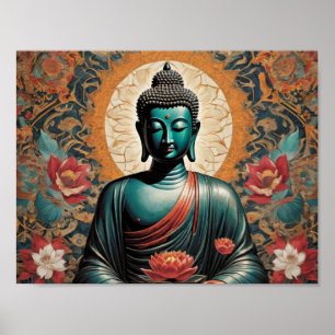 Siddarta Gautama Boeddha in meditatie met bloemen Poster