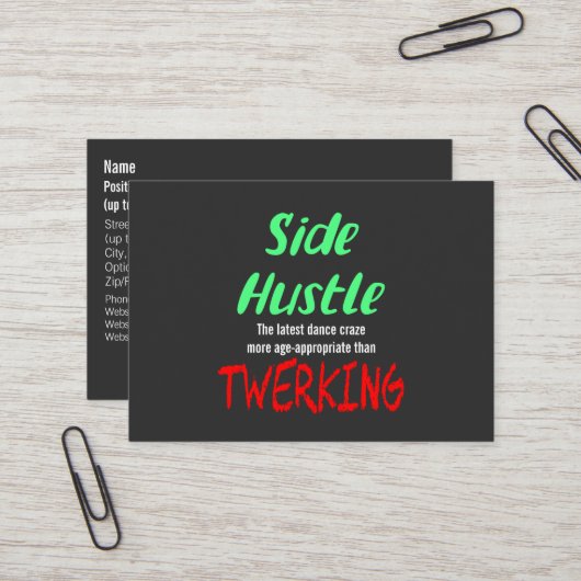 Side Hustle vs. Twerken Neon Green Text Visitekaartje (Voorkant / Achterkant in situ)